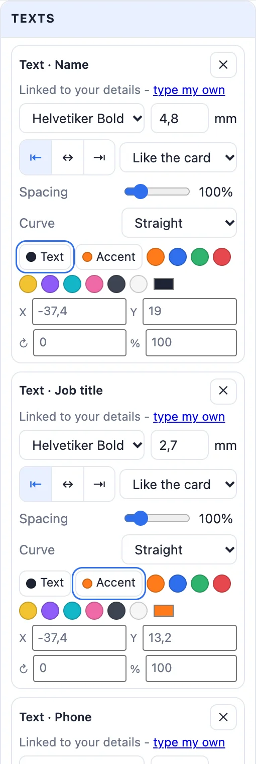 The Texts card: a text linked to the name with its font, size, alignment, style, spacing, curve, colour, position, turn and size