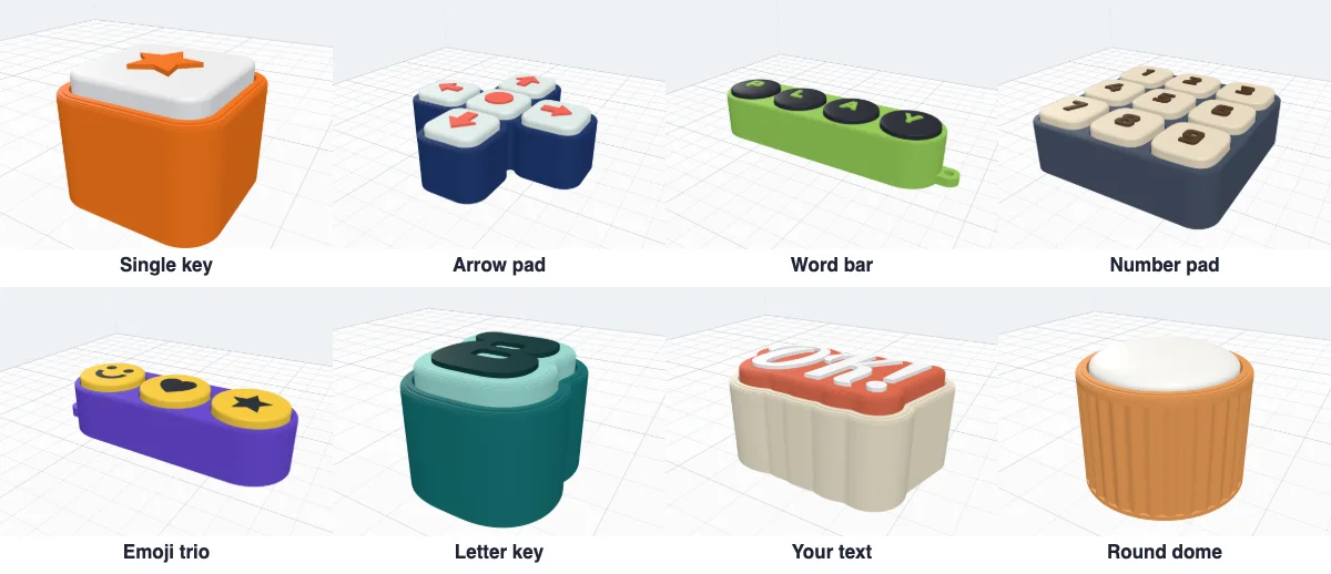 The eight ready designs: single key, arrow pad, word bar, number pad, emoji trio, letter key, your text and round dome
