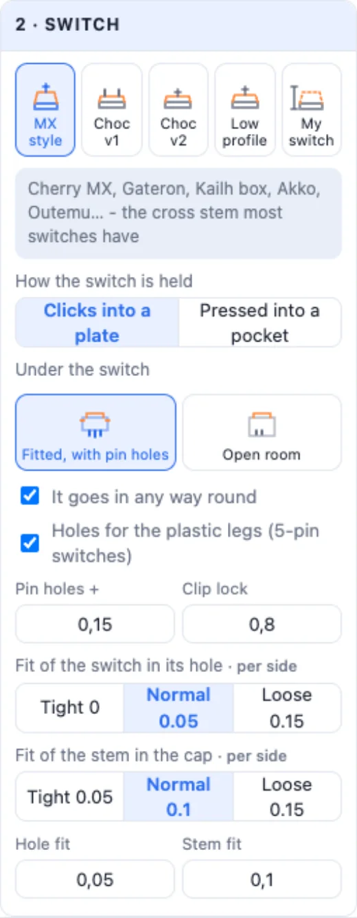 The Switch card: the switch types, how it is held, the socket under it and the fits