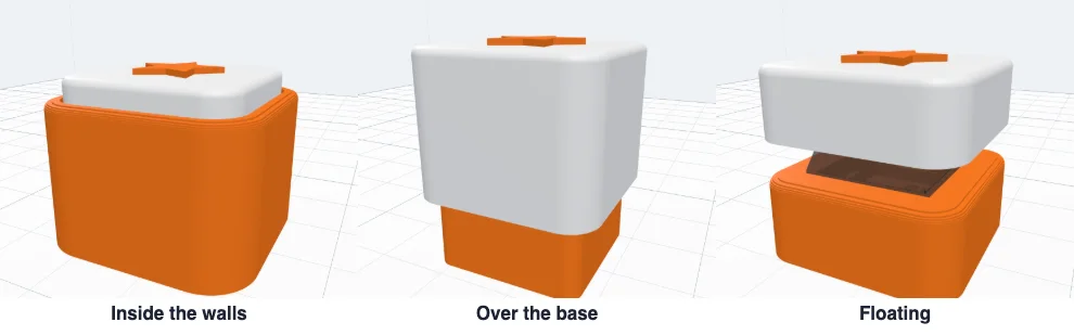 The three styles side by side: inside the walls, over the base and floating