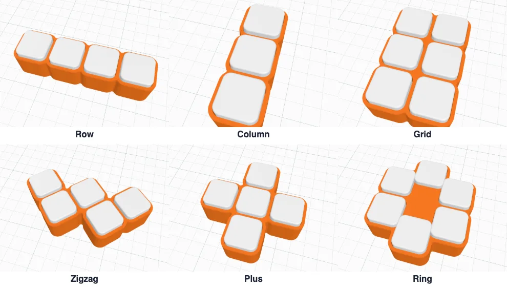 Six layouts: a row, a column, a grid, a zigzag, a plus and a ring