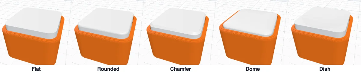 Five cap tops: flat, rounded, chamfer, dome and dish