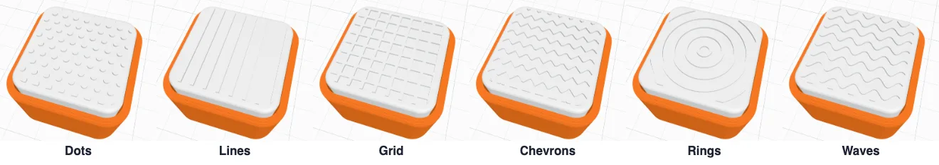Six top patterns: dots, lines, grid, chevrons, rings and waves