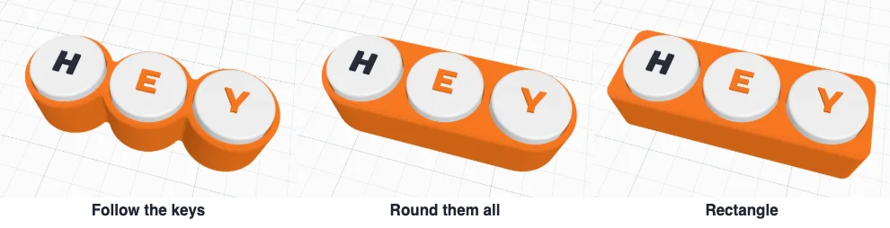 Three keys on a base that follows them, rounds them all and is a rectangle
