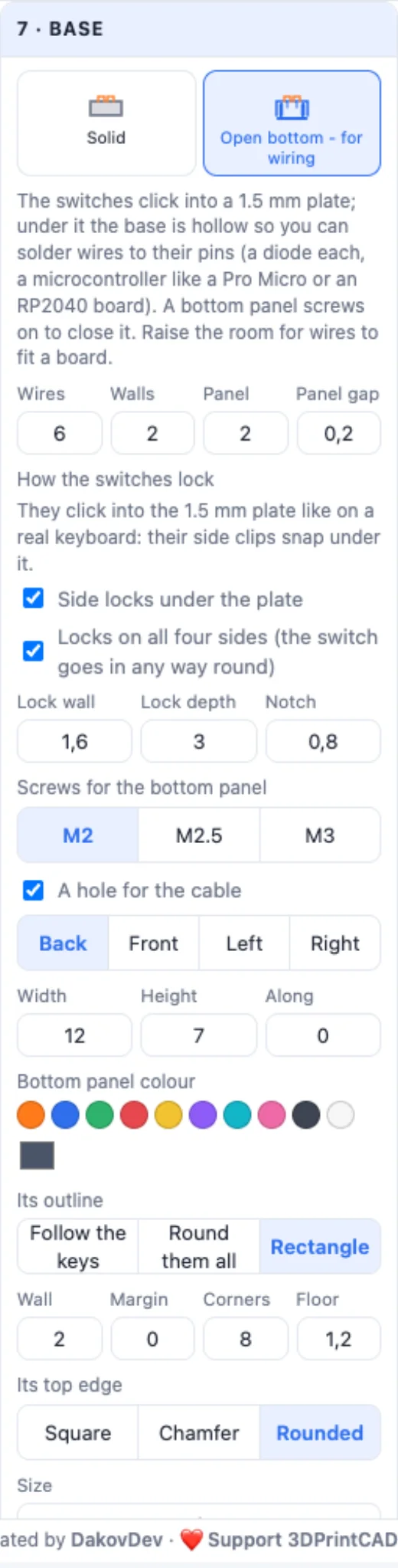 The Base card with the open bottom's options