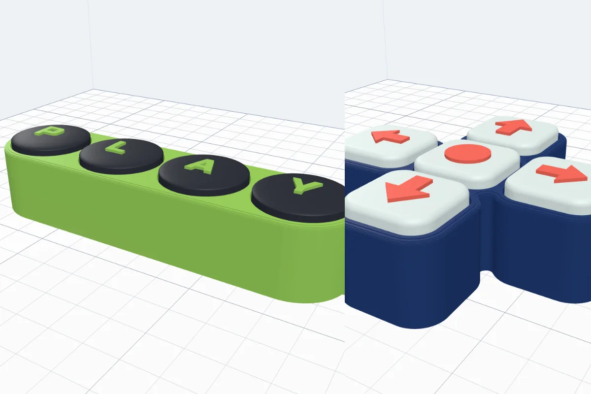 Two 3D printed clickers: a lime bar with four round keys spelling PLAY, and a navy arrow pad with five keys