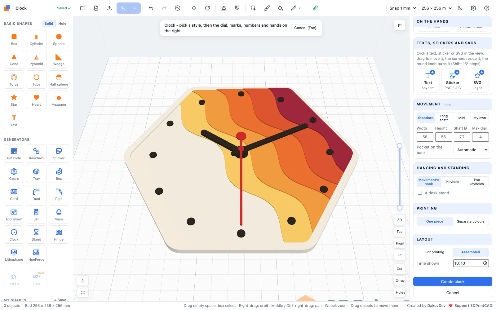 The 3DPrintCAD app with a waves clock and the clock generator panel on the right