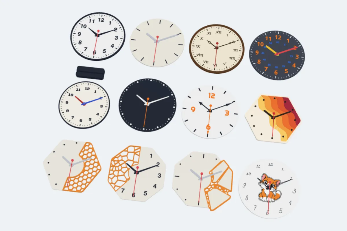 Twelve clocks: classic, minimal, roman, teaching, school, dots, quarters, waves, honeycomb, web, shattered and a sticker clock