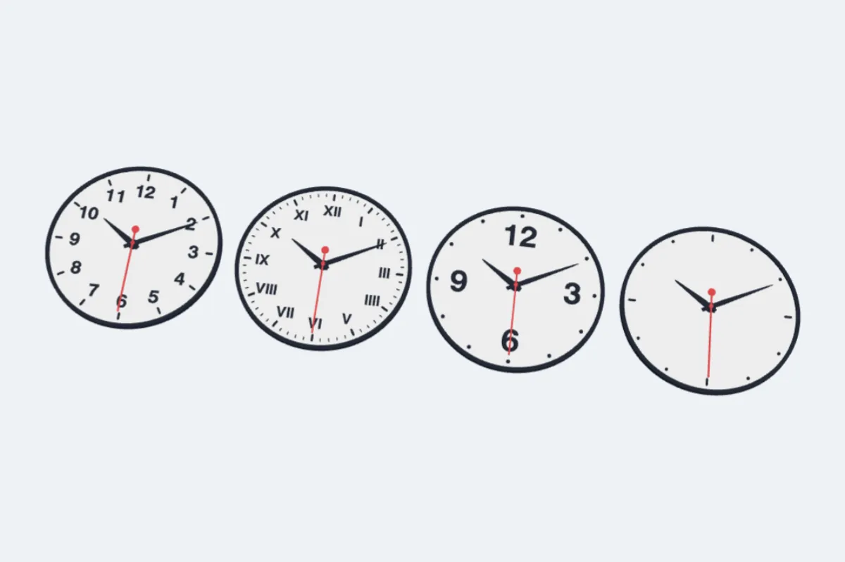 Four clocks with hour marks, minute ticks, dots and mixed marks, and arabic, roman, quarter and no numbers