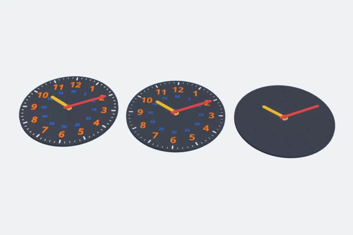 Three teaching clocks: raised, inlaid flat and engraved numbers