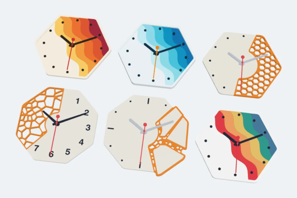 Six clocks: sunset waves, falling ocean waves, honeycomb, web, shattered and rainbow waves