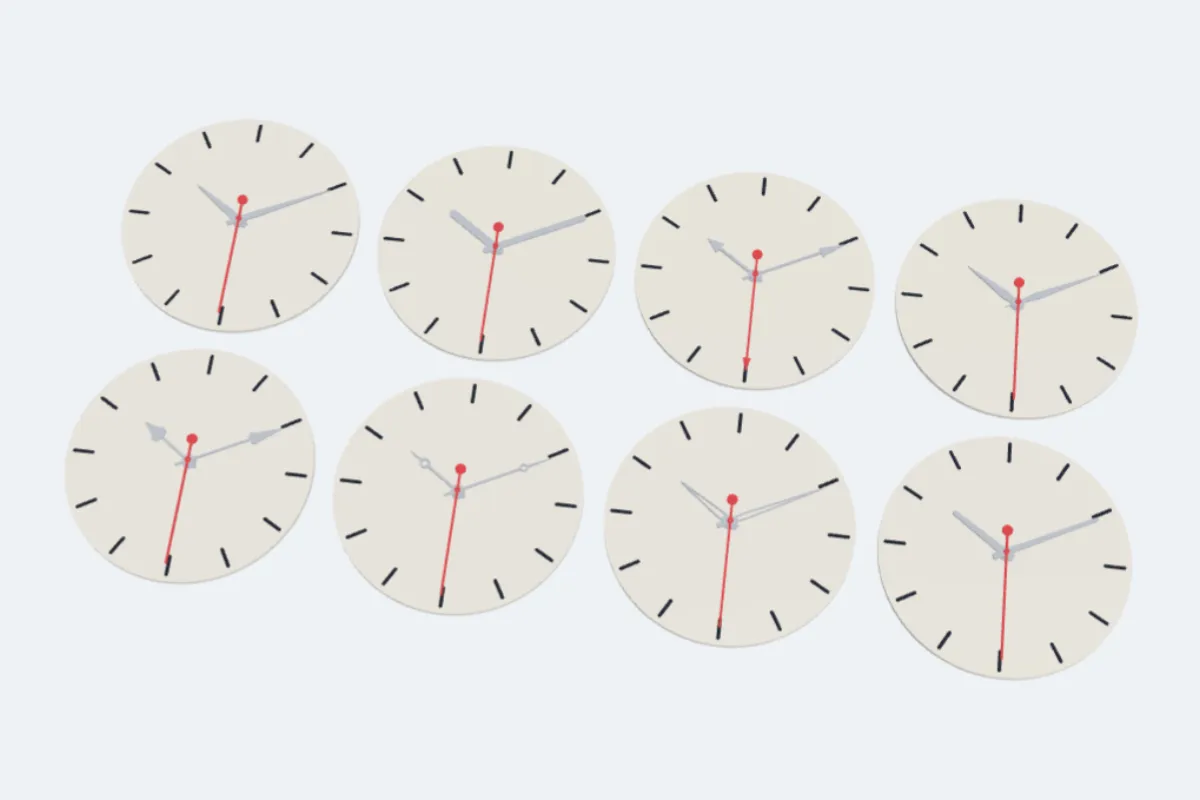 Eight clocks with classic, baton, arrow, sword, spade, breguet, skeleton and modern hands
