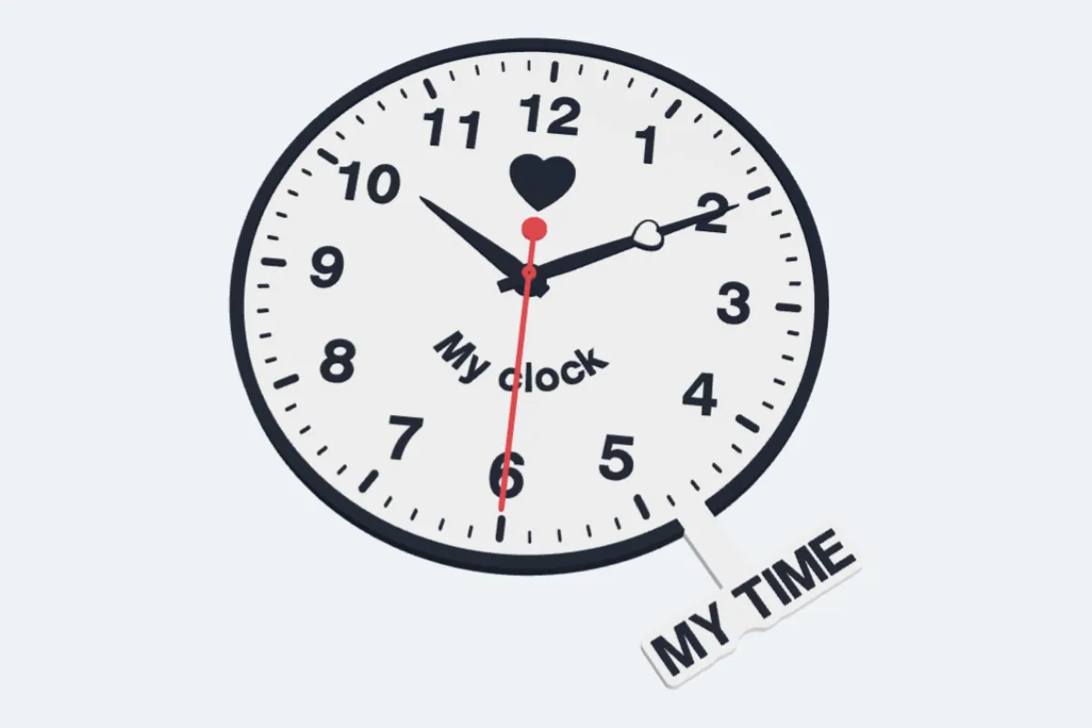 A clock with a curved text, a heart on the dial and on the minute hand, and a text on a tag outside the clock