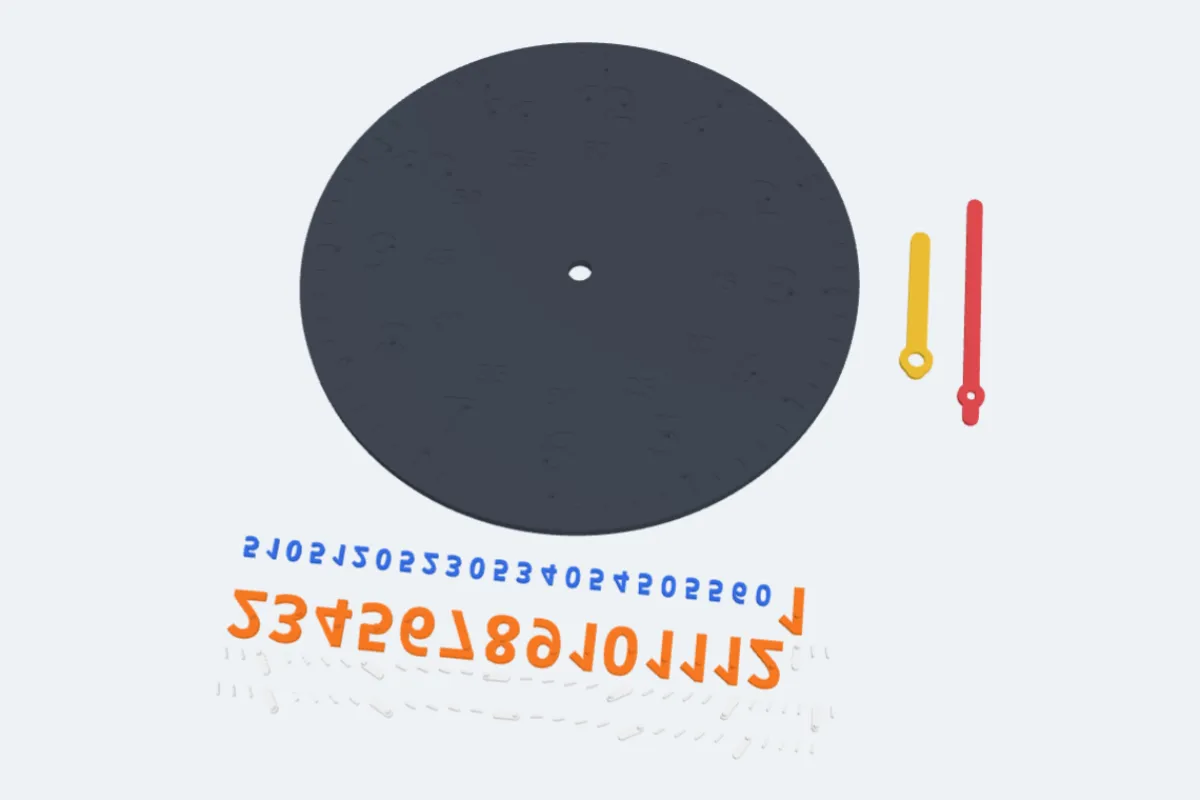 A teaching clock laid out for printing in separate colours: the dial with its pockets, the orange numbers and blue minutes face down, the white ticks and the hands