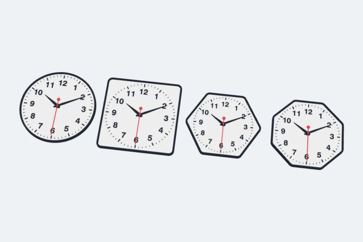 Four clocks: round, square, hexagon and octagon