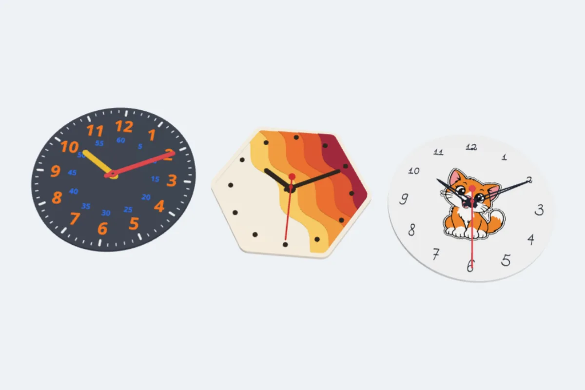 Three 3D printed wall clocks: a dark teaching clock with orange and blue numbers, a sunset waves clock and a white clock with a cat sticker