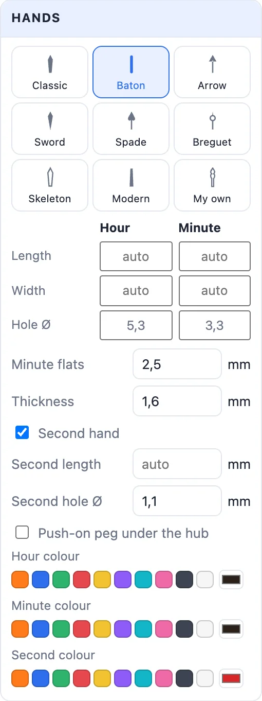 The Hands card: nine hand styles, thickness, second hand and the holes