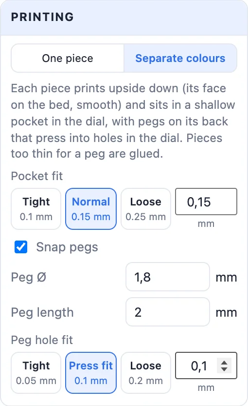 The Printing card in Separate colours: pocket fit, snap pegs and peg hole fit