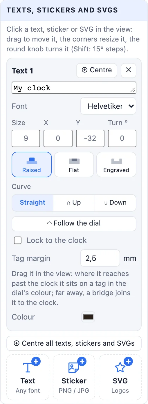 A text card: the text, font, size, place and turn, raised / inlaid / engraved, curve, follow the dial and lock to the clock