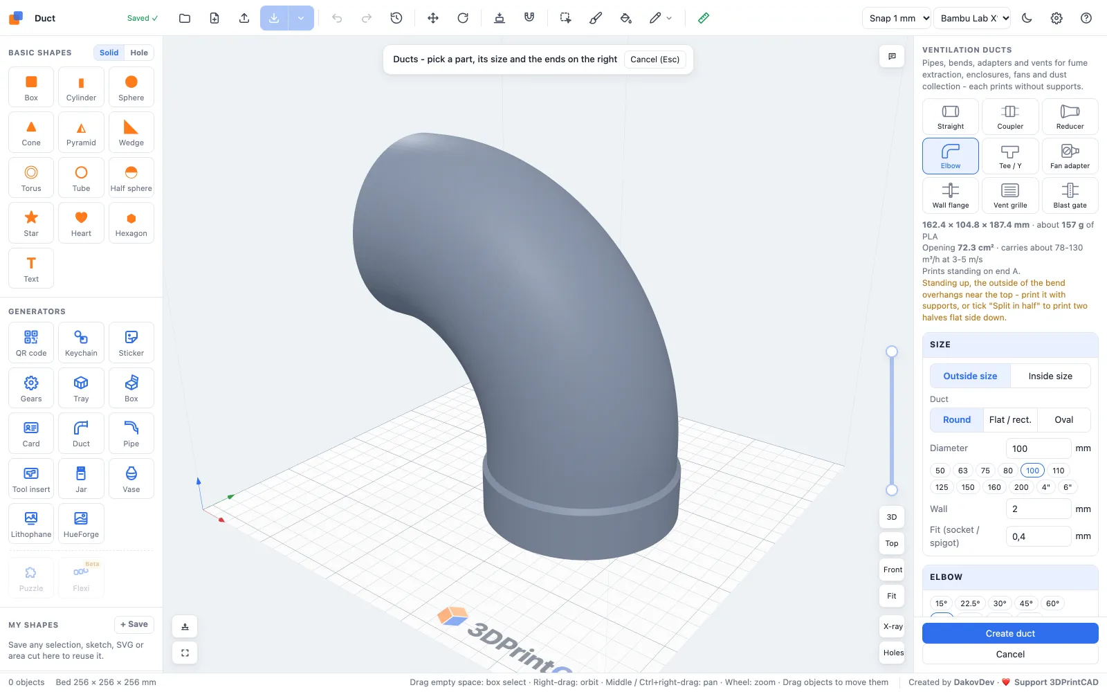 The 3DPrintCAD app with a duct elbow and the duct generator panel on the right
