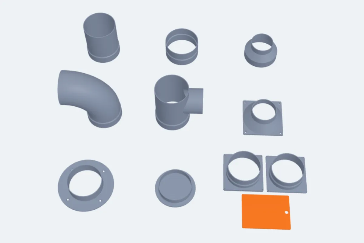 Nine duct parts: straight, coupler, reducer, elbow, tee, wall flange, vent grille, fan adapter and blast gate