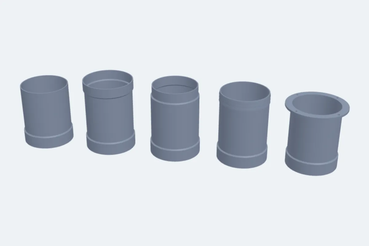 Five straight ducts with a plain end, a socket, a spigot, a hose barb and a flange