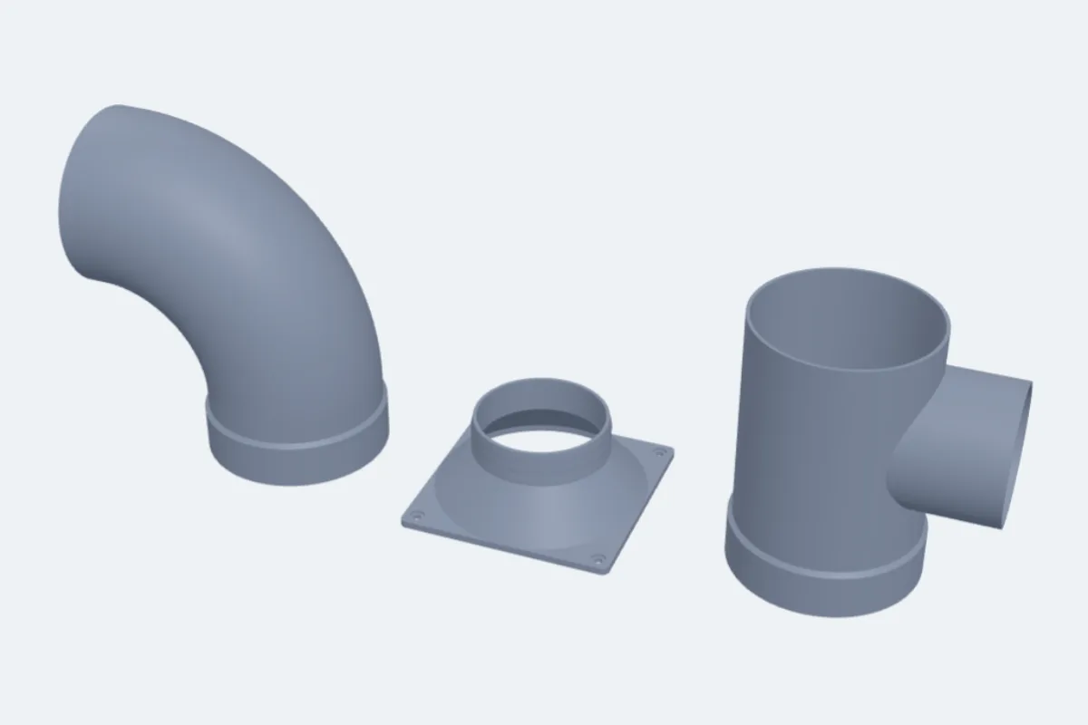 A duct elbow, a fan adapter and a tee
