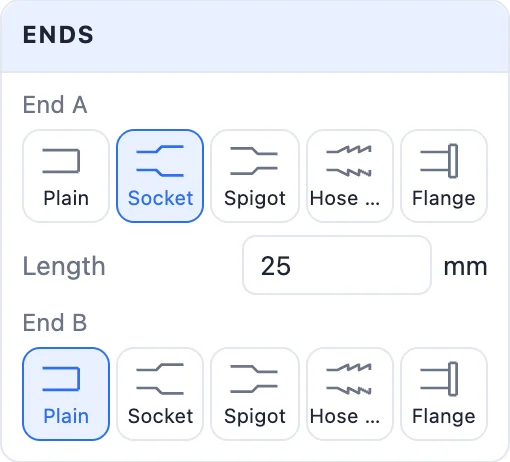 The Ends card: plain, socket, spigot, hose barb and flange for each end, with the length