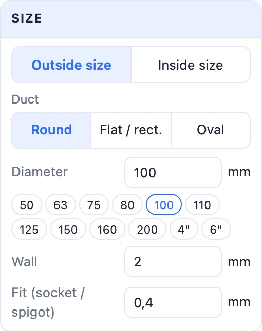 The Size card: outside or inside size, round, flat or oval, the diameter with presets, wall and fit