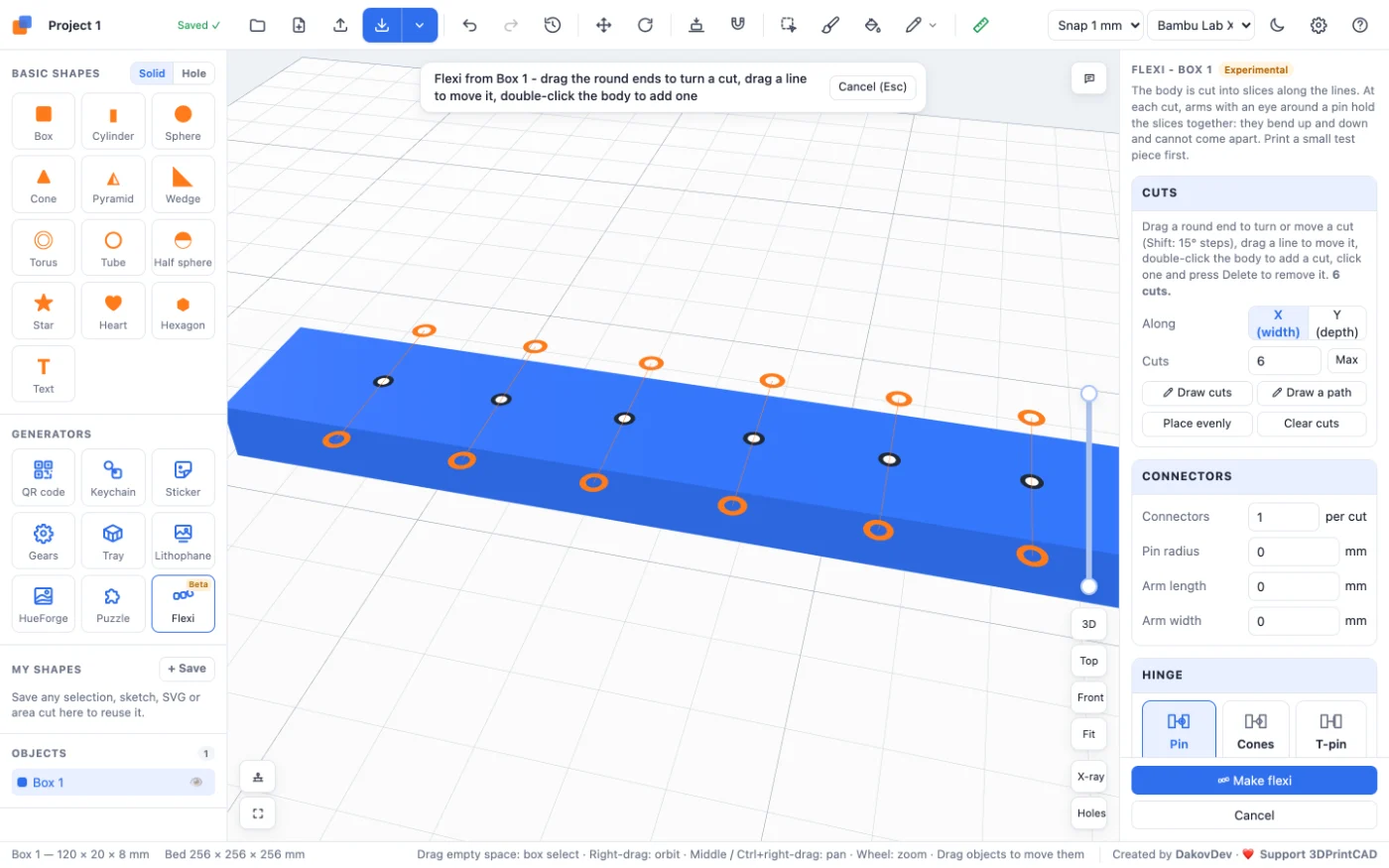 The Flexi tool on a blue bar: six cut lines across it and the settings on the right