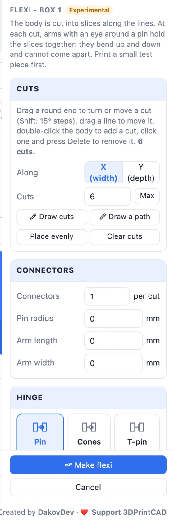 Flexi settings: cuts along X or Y, the number of cuts with Max, Draw cuts, Draw a path, Place evenly, Clear cuts, connectors, pin radius, arm length and width, and the hinge types