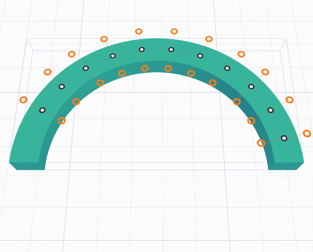 A curved green band with a drawn path along it and twelve cuts across it