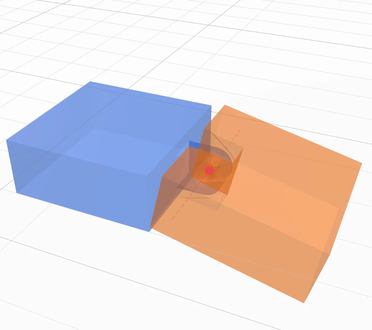 Testing a custom hinge in X-ray: the orange block turned up about the red pivot