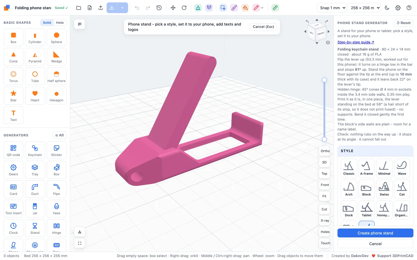 The Phone stand generator in 3DPrintCAD with the Folding keychain style: a pink stand on the bed, its settings on the right