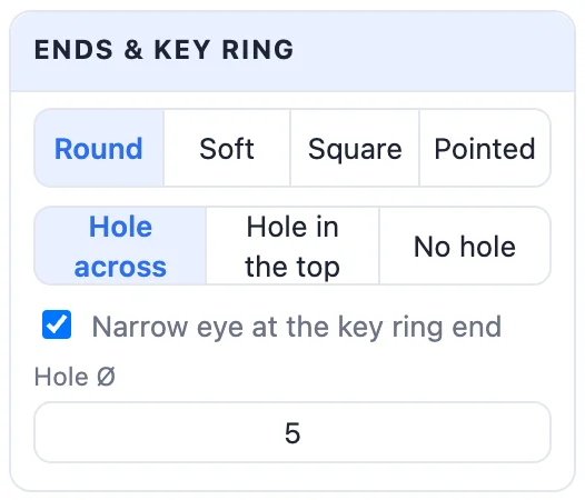 The Ends and key ring card: end shapes, where the hole goes, the narrow eye and the hole size