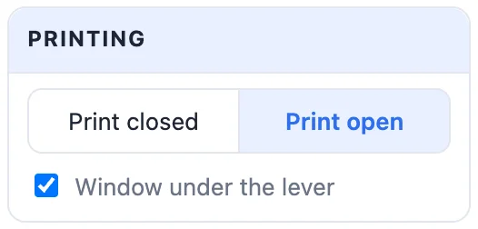The Printing card: Print closed or Print open, and Window under the lever