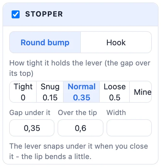 The Stopper card: Round bump or Hook, how tight, over the tip and width