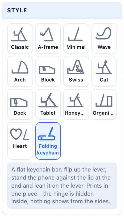 The Style card of the Phone stand generator with Folding keychain picked
