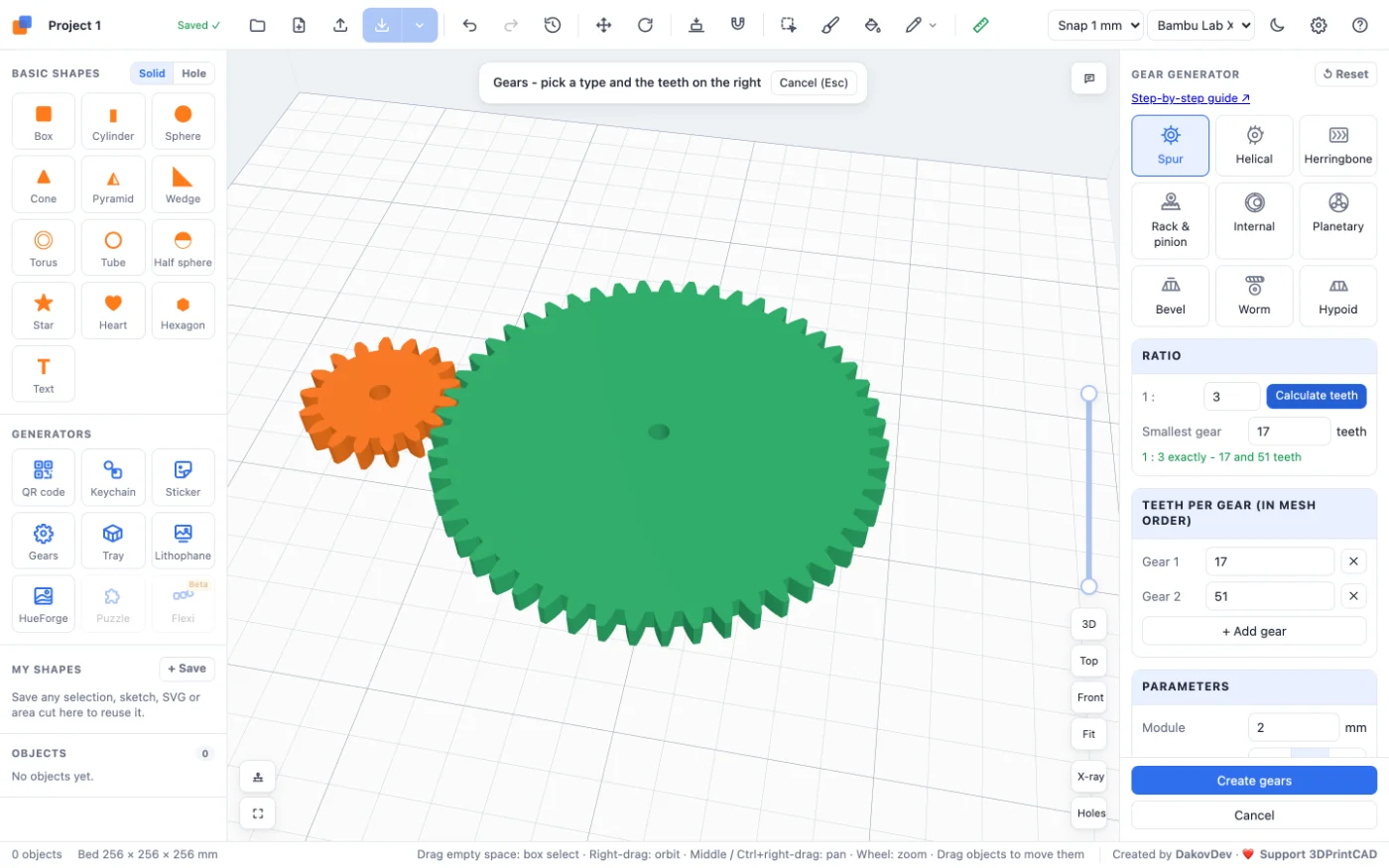 The 3DPrintCAD app with a pair of spur gears and the gear generator panel on the right