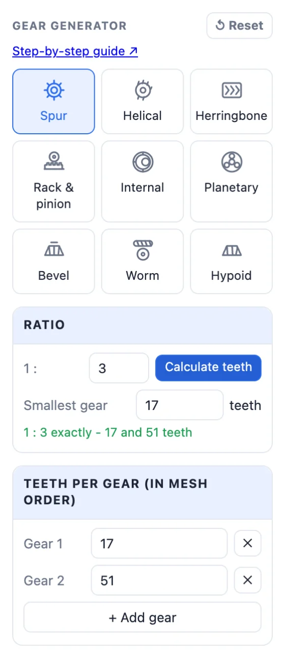 The gear generator panel: the nine type tiles, the Ratio box with Calculate teeth, Smallest gear and the teeth per gear