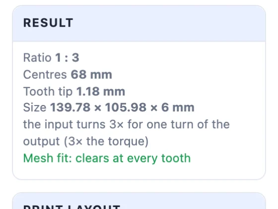 The Result card: ratio 1 : 3, centre distance, tooth tip, size and the mesh fit check