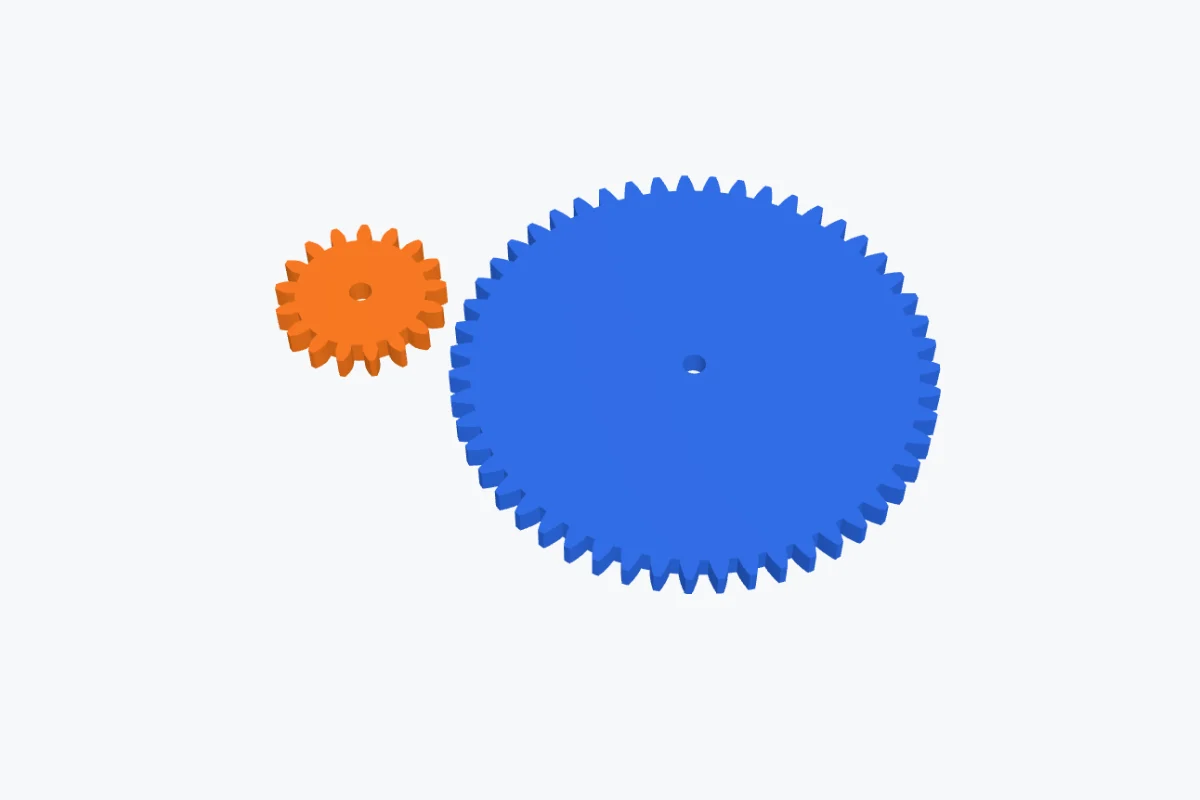 Two spur gears spread out side by side in different colours, ready to print