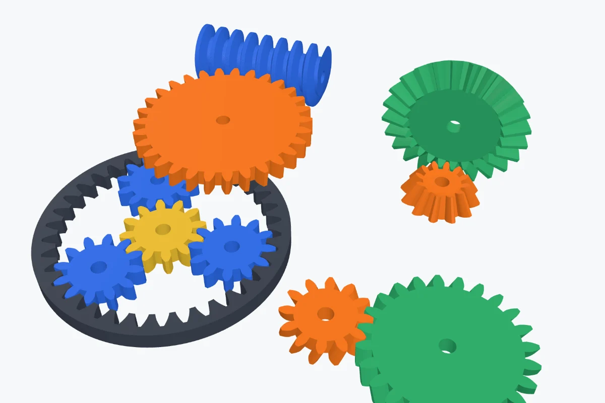 A planetary gear set, a helical gear pair, a bevel gear pair and a worm drive, made with the 3DPrintCAD gear generator