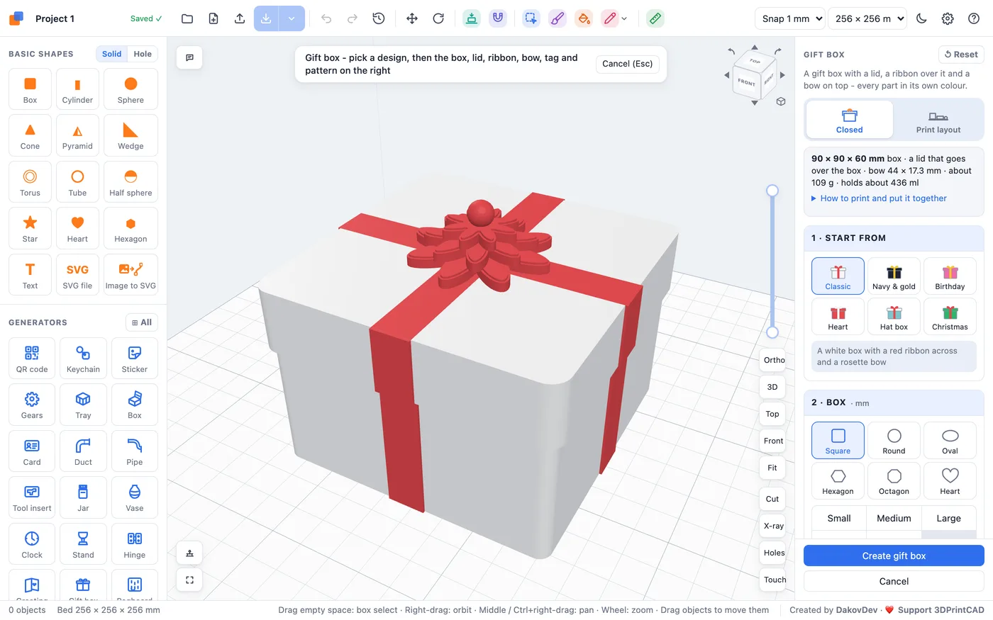 The Gift box generator open on the Classic design, the panel on the right