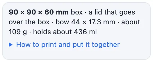 The info box: a 90 by 90 by 60 mm box, the lid, the bow, about 109 g, holds about 436 ml