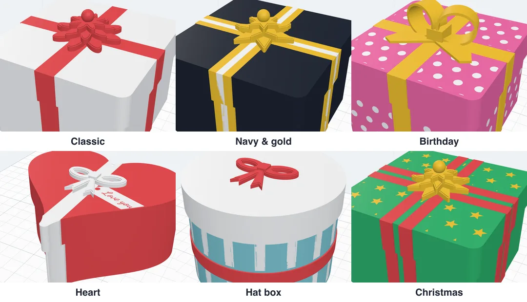 The six designs: Classic, Navy and gold, Birthday, Heart, Hat box and Christmas