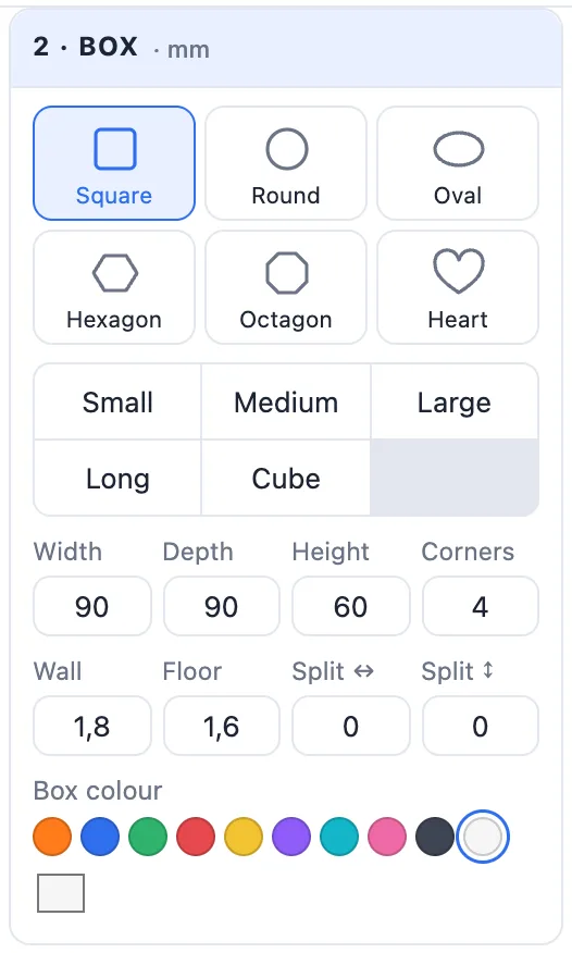 The Box card: shape tiles, size chips, width, depth, height, corners, wall, floor, splits and the box colour