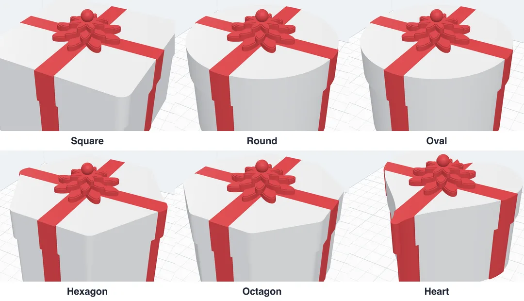 The Classic box in six shapes: square, round, oval, hexagon, octagon and heart