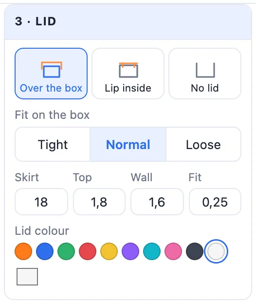 The Lid card: over the box, lip inside, no lid, the fit, skirt, top, wall and the lid colour