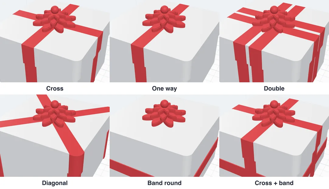 The six ribbons: cross, one way, double, diagonal, band round and cross with a band